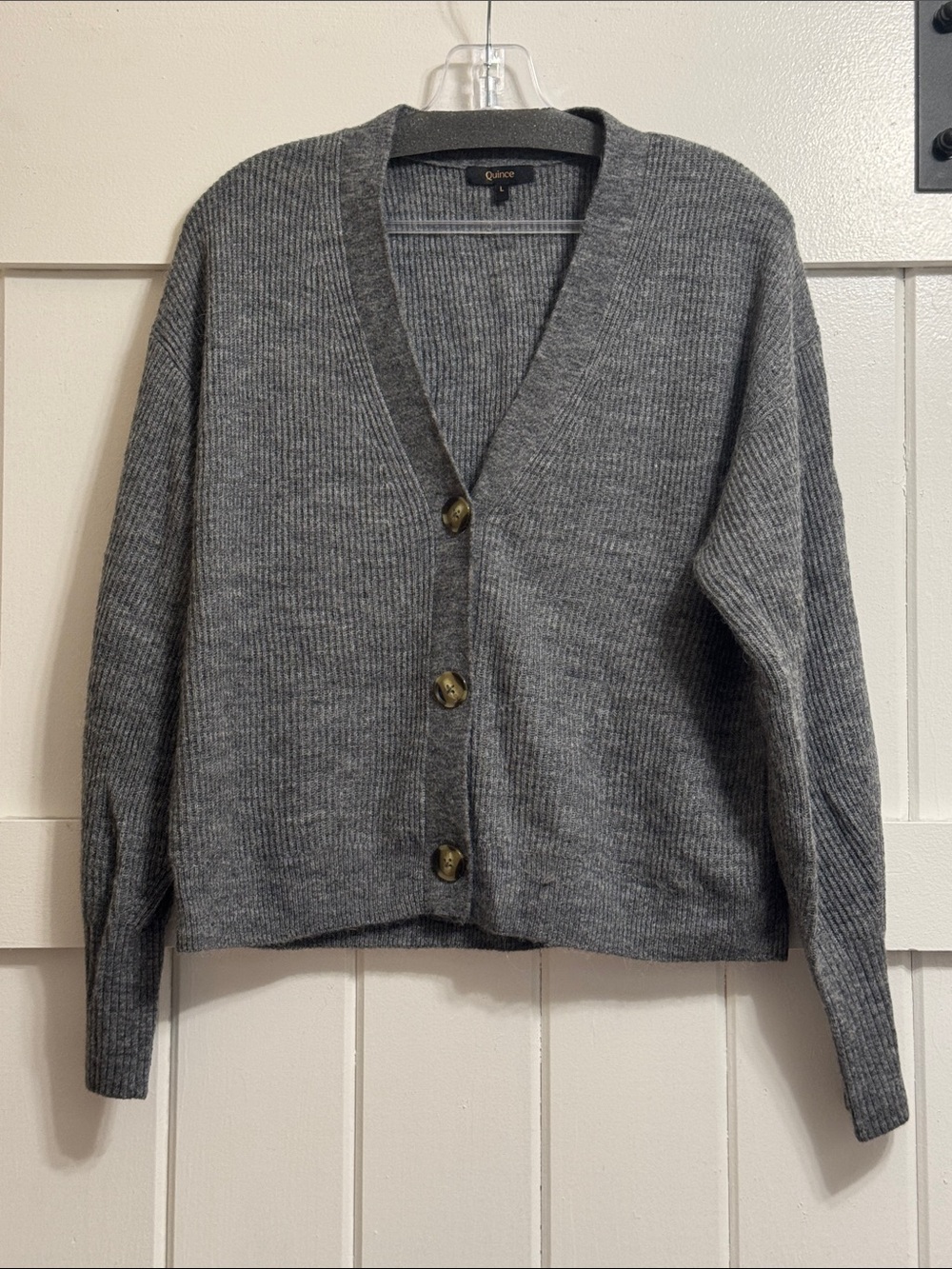 Quince Women's Charcoal Gray Ribbed V-Neck Button Cardigan